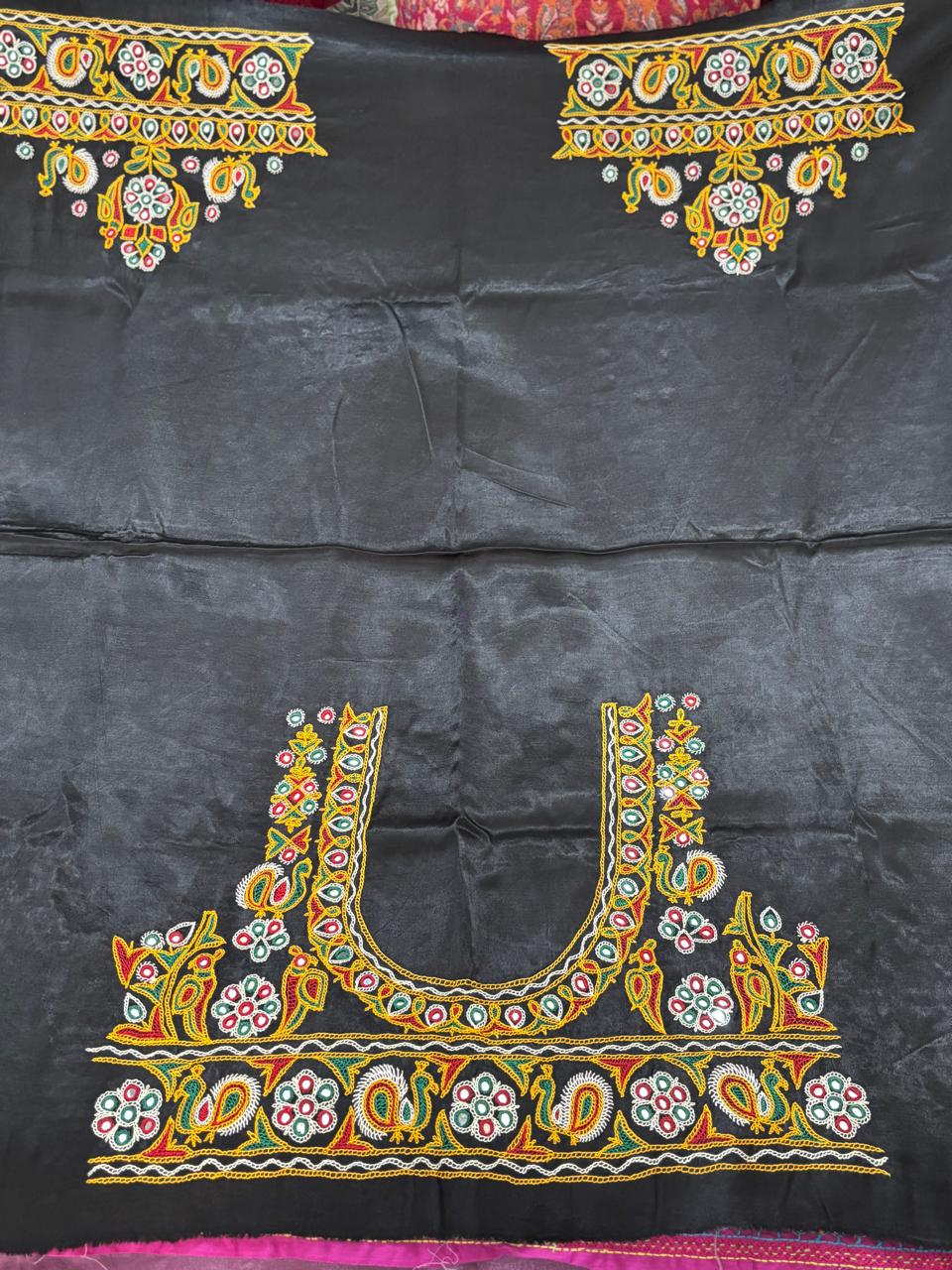 AHIR HAND EMBROIDERY KUTCH MIRROR WORK MASHRU SILK BLOUSE PIECE