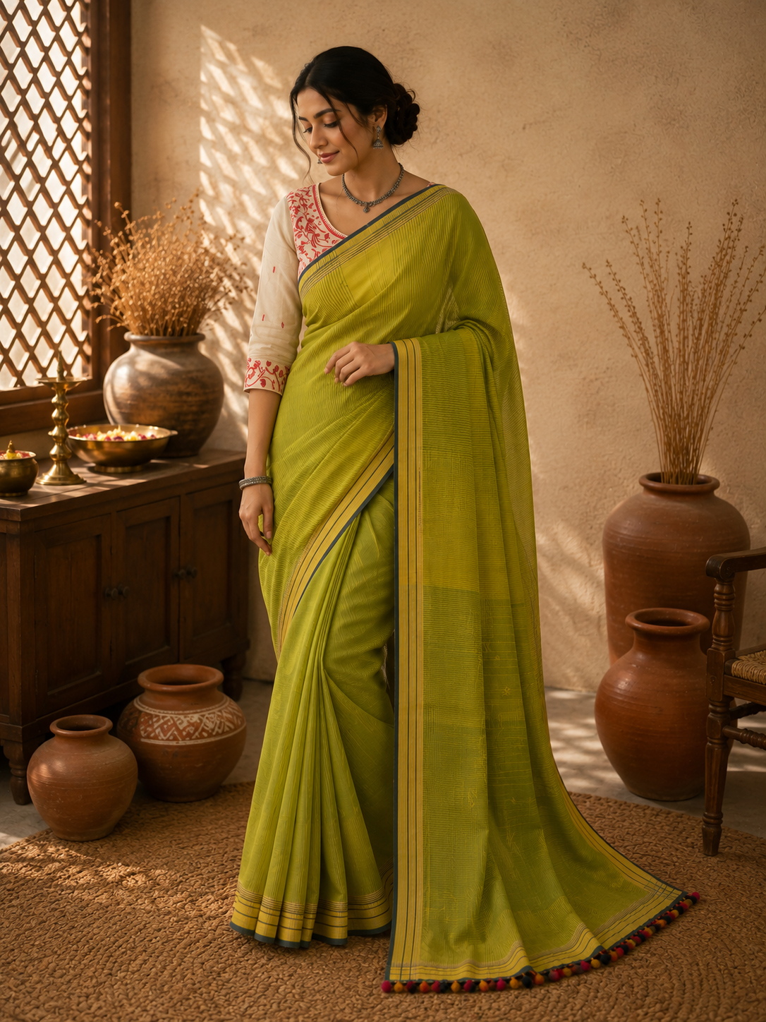 LIME GREEN : ORGANIC SOFT COTTON BHUJODI HANDLOOM SAREE