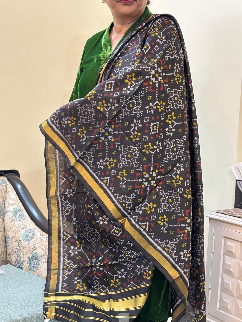 Black handloom pure mulberry silk Patola dupatta with hathi motif