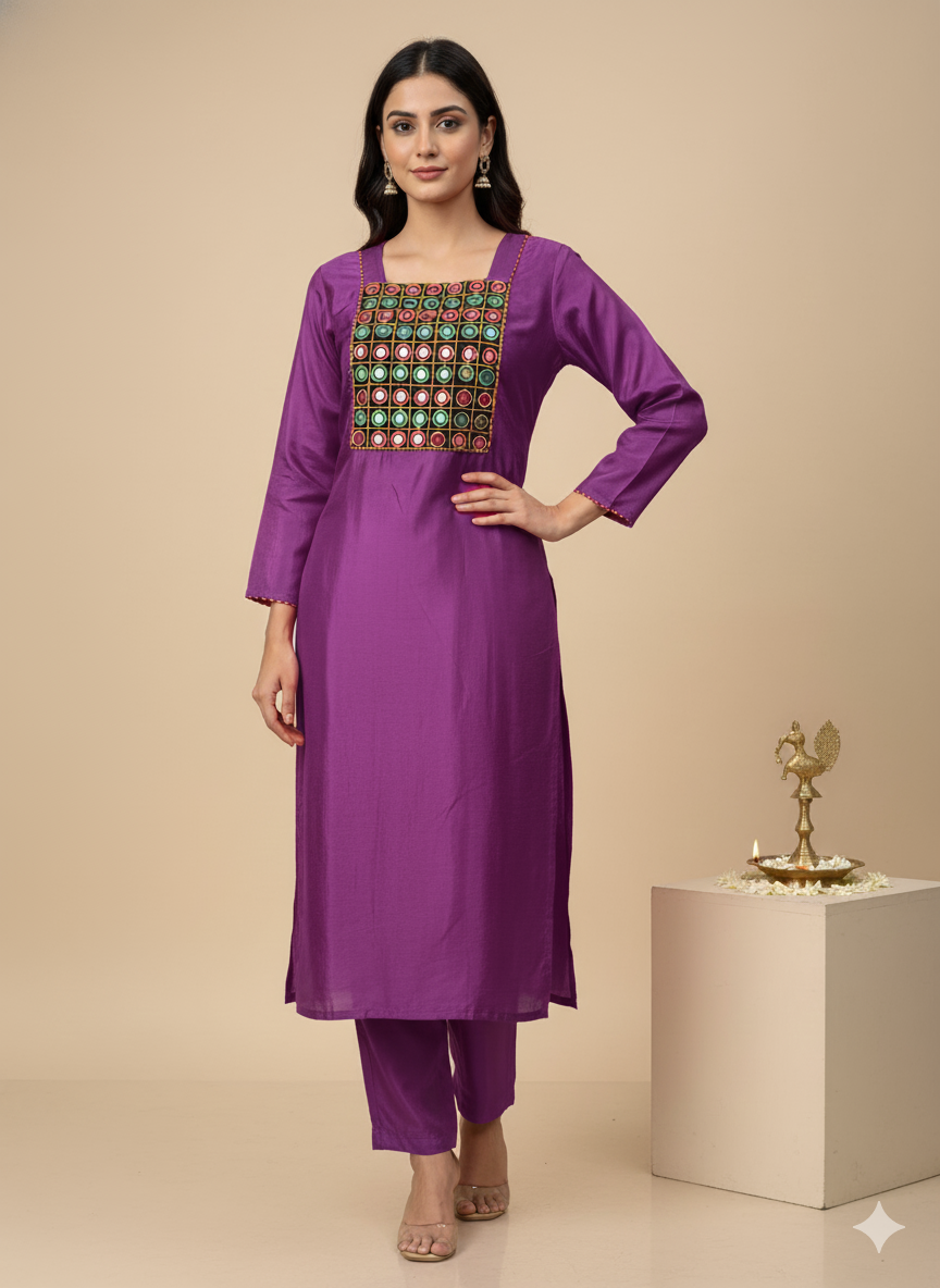 Mashru Ethnic Kurta with Kutchi mirror hand work - Purple