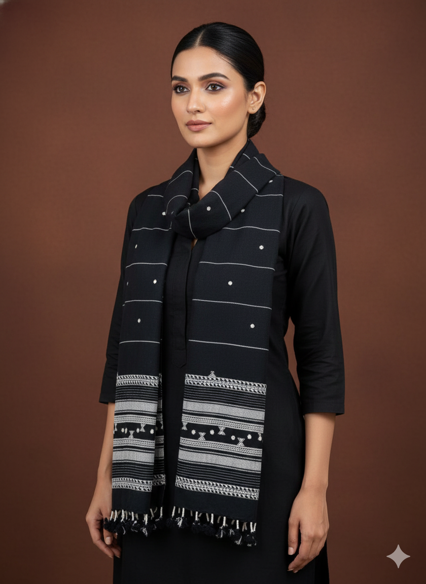 Kutch Weaving Handloom Organic Kala Cotton Stole with tassels