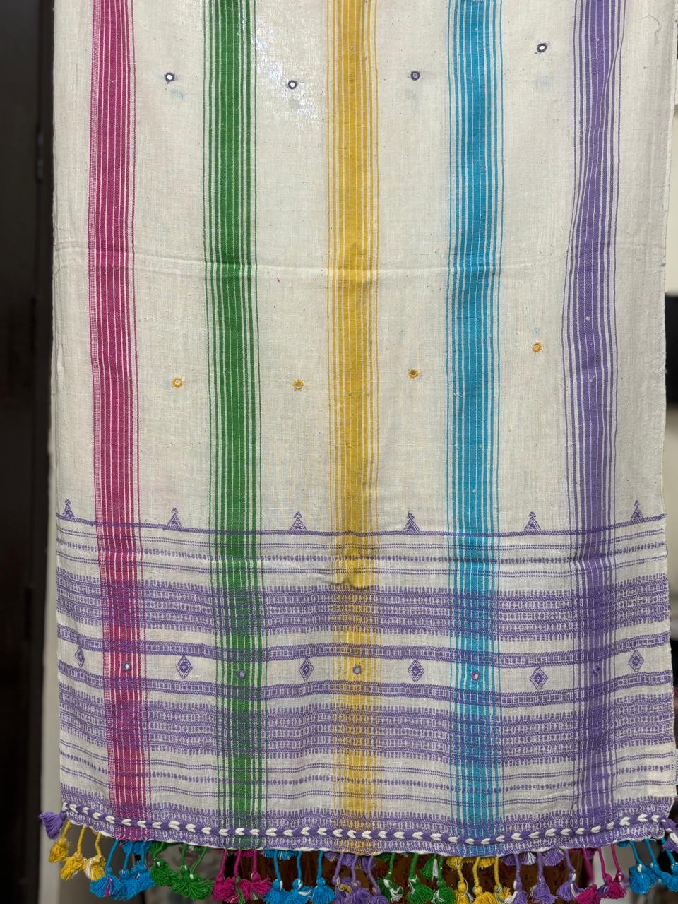 Rainbow Kutch Bhujodi Weaving Handloom Organic Kala Cotton Stole with Tassels with lavender border weaving