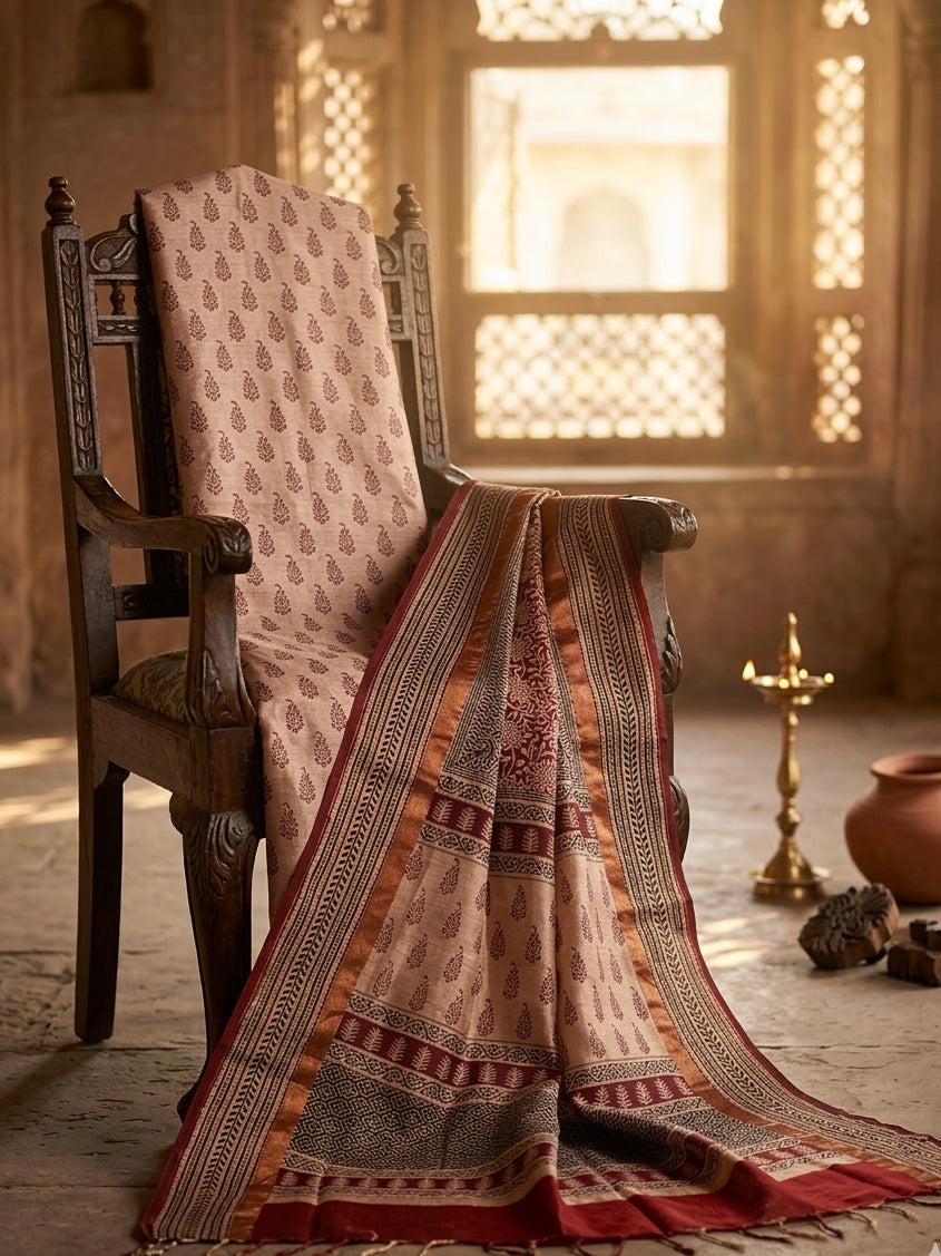 3pc Maheshwari Silk Bagh handblock Dress Material