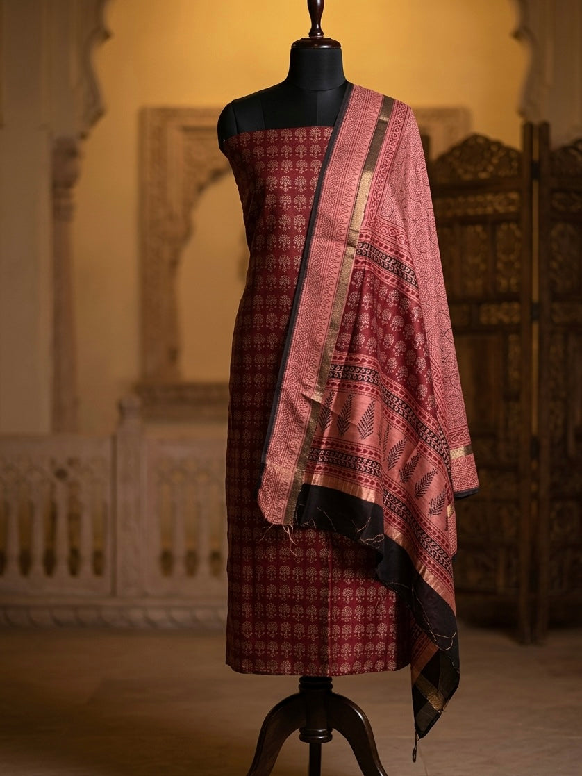 3pc Maheshwari Silk Bagh handblock Dress Material