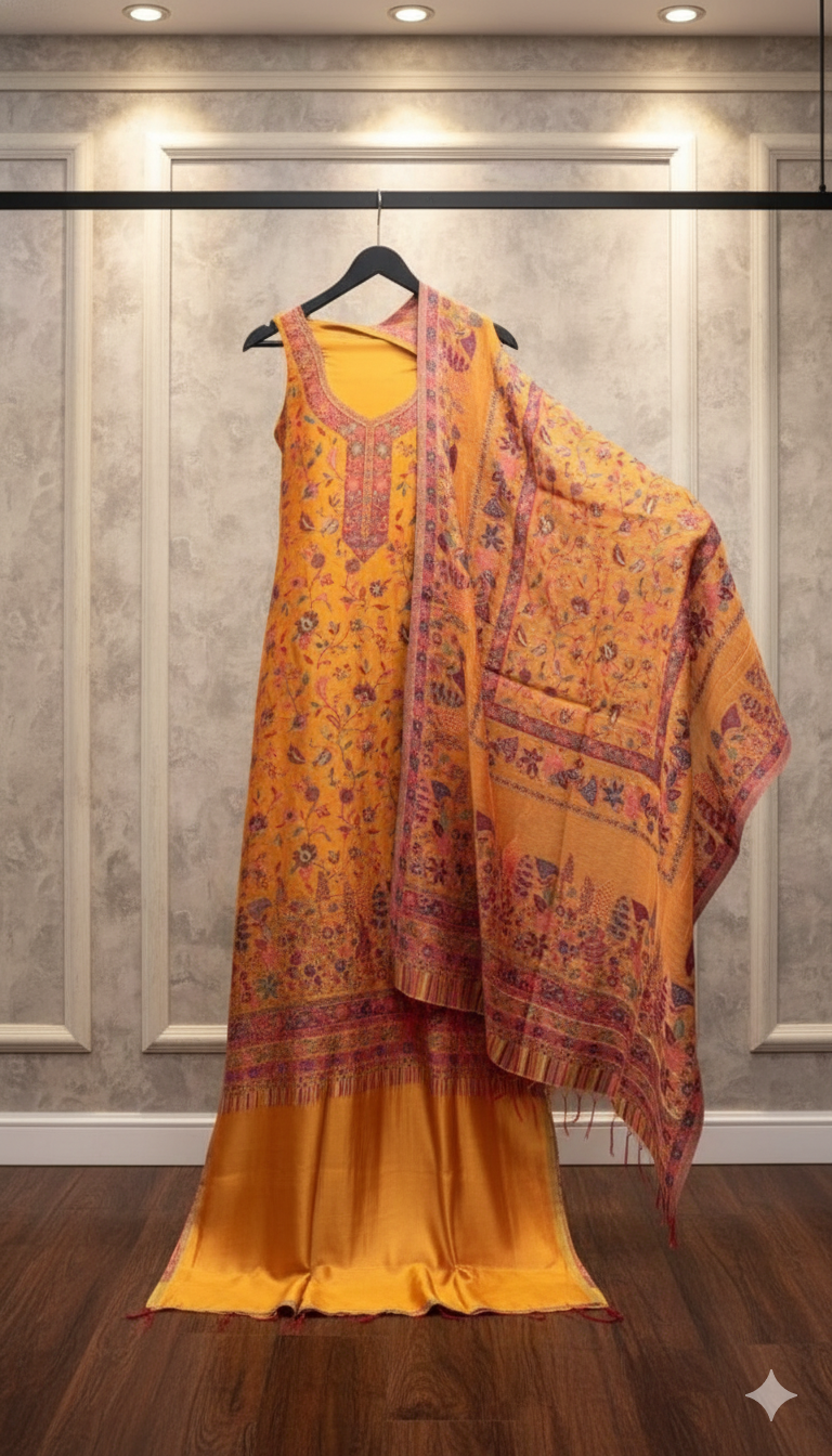 Kashmiri Kani Silk Suit Set Mustard yellow 05