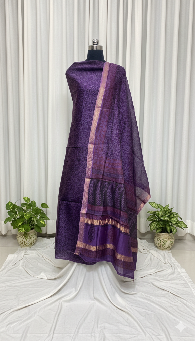 Purple - 3pc Maheshwari Silk Bagh handblock Dress Material