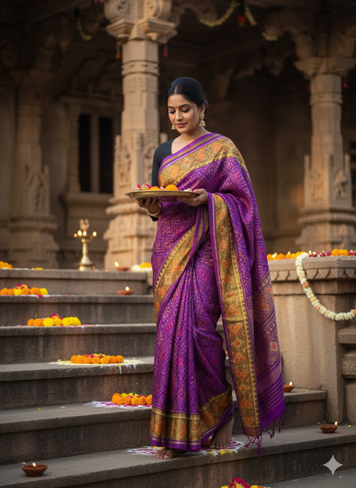 Pure mulberry silk patan Patola single ikkat saree Purple