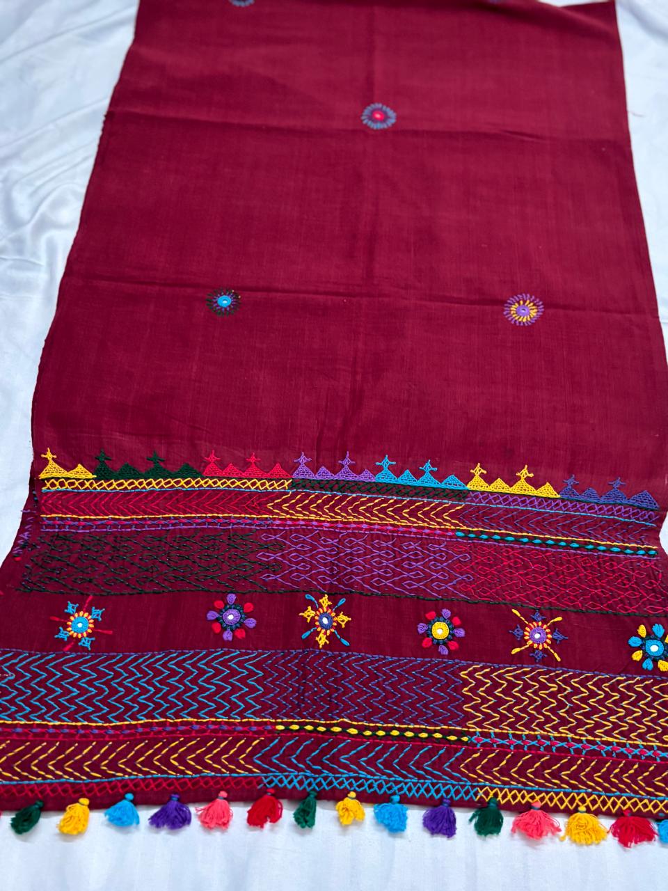 Blood red - Handcrafted Lambani Khadi Cotton Stole with Multicolor Embroidery and Mirror Work