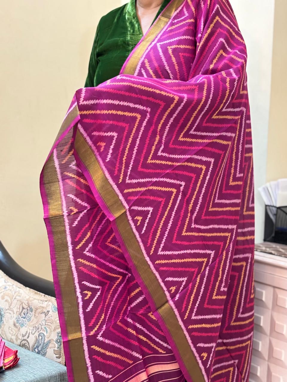 Magenta handloom pure mulberry silk Patola dupatta with geometrical pattern