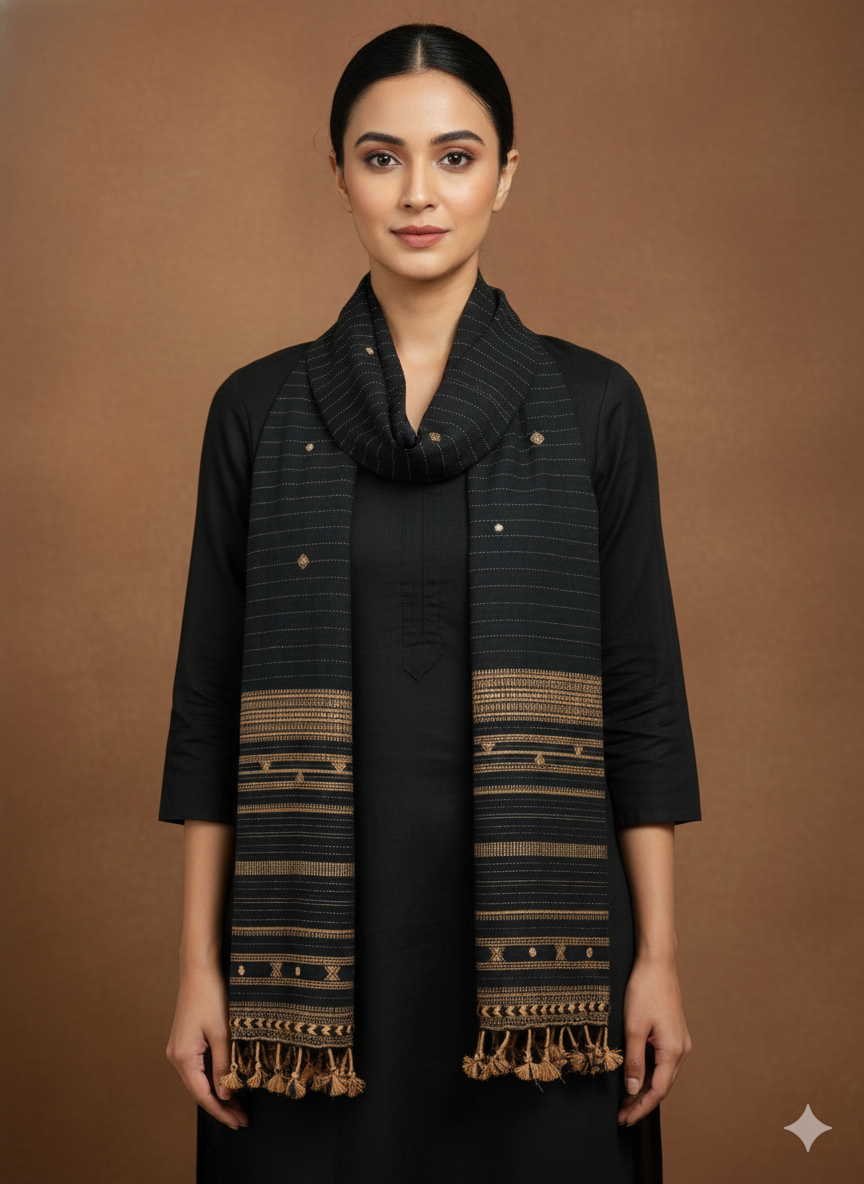 Kutch Weaving Handloom Organic Kala Cotton Stole with tassels