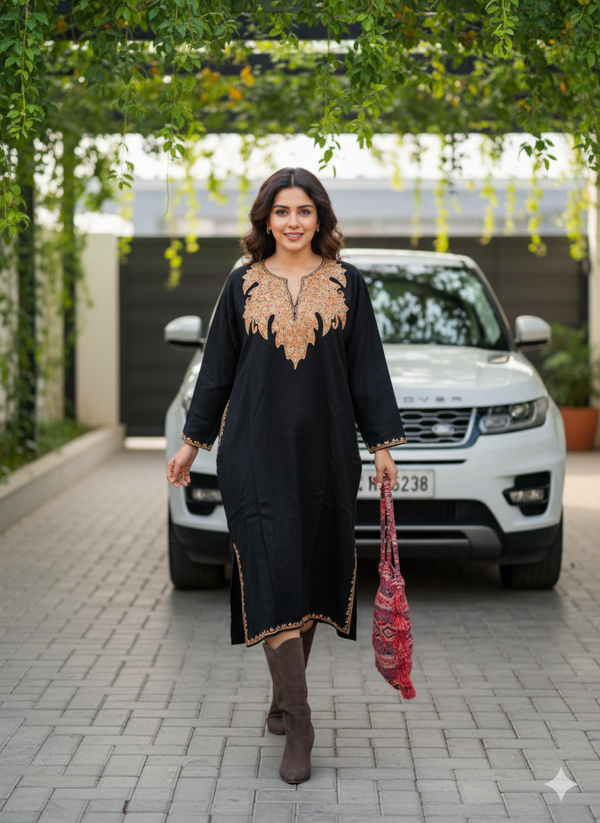 Black - Aari Embroidery Kashmiri acrylic Wool Pheran