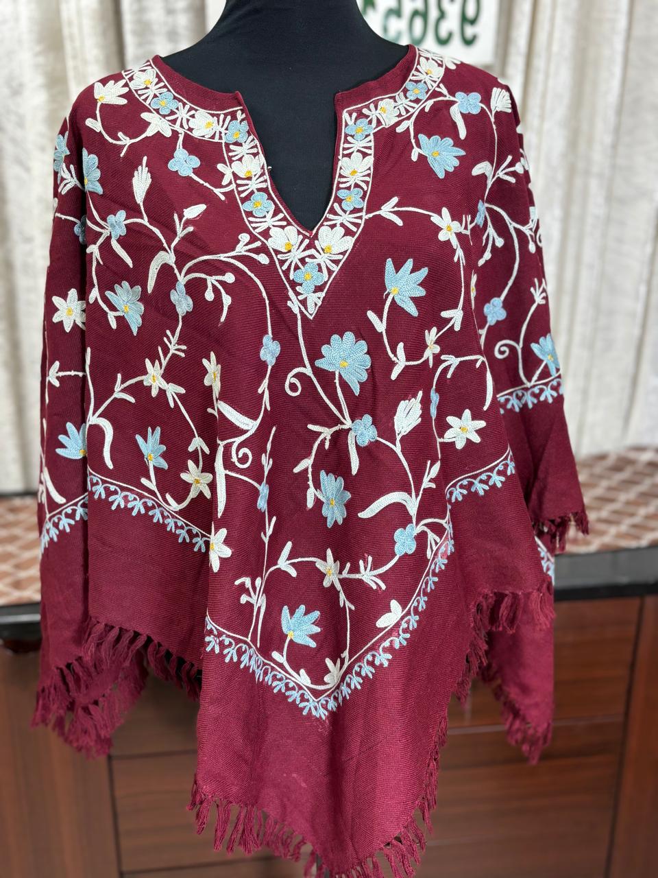 Kashmiri Aari Embroidered Woollen Poncho – | Handcrafted Heritage