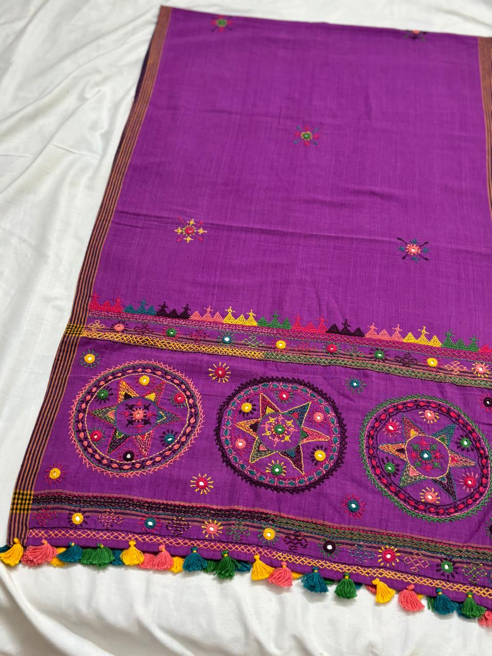 Wine - Handcrafted Lambani Khadi Cotton Stole with Multicolor Embroidery and Mirror Work