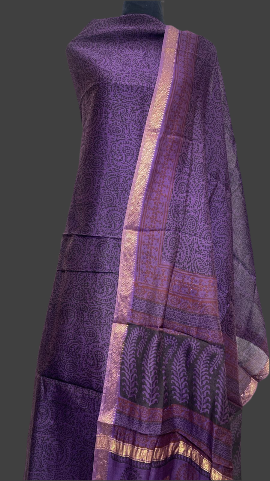 Purple - 3pc Chanderi Silk Bagh handblock Dress Material