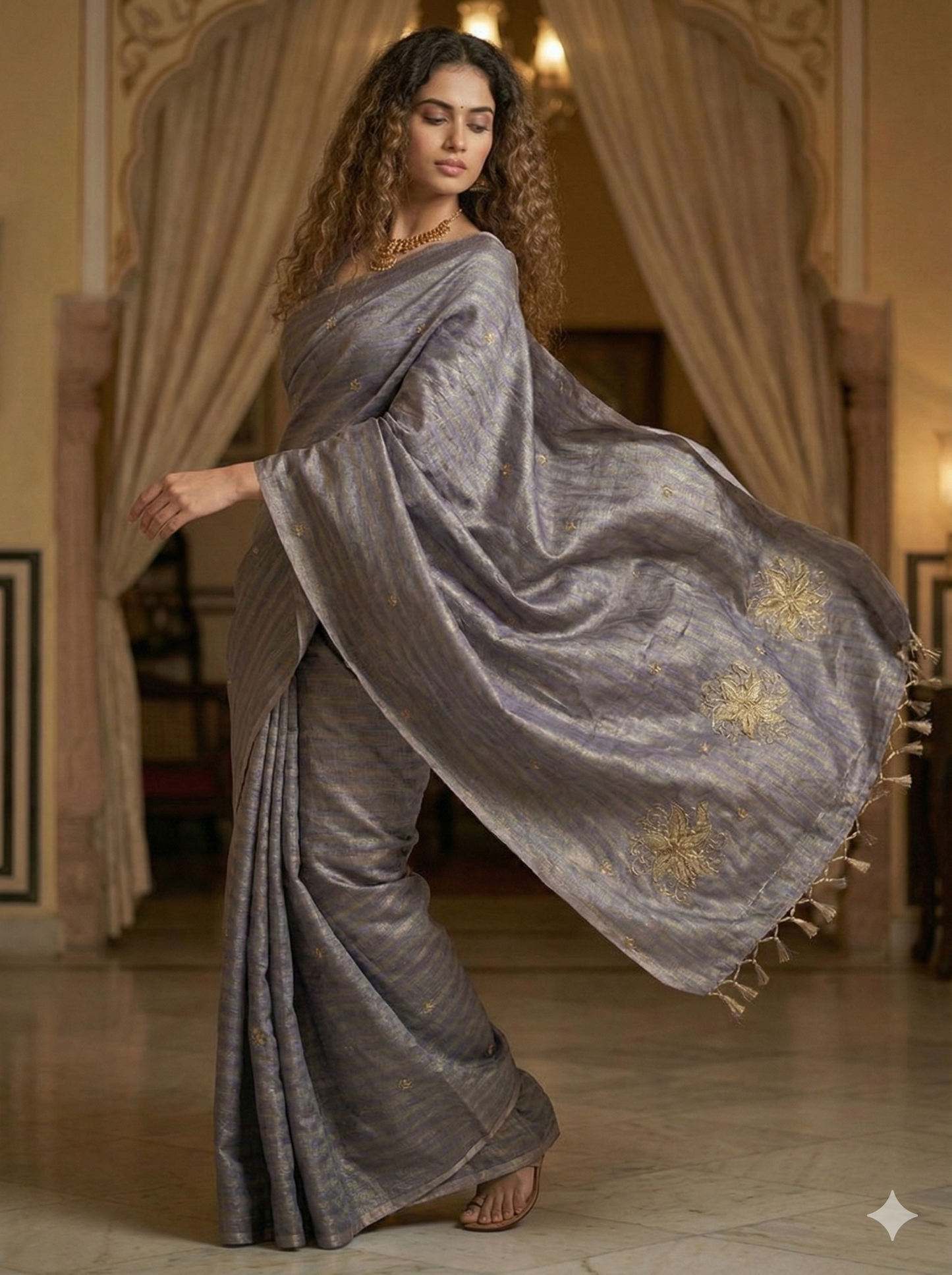 HANDLOOM MAHESHWARI SILK TISSUE ZARI STRIPES SAREE WITH ZARDOSI WORK
