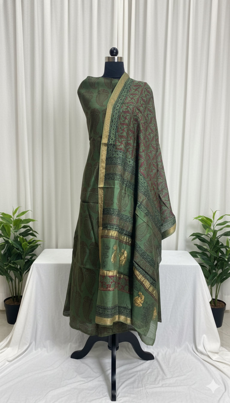 Mehndi green - 3pc Maheshwari Silk Bagh handblock Dress Material