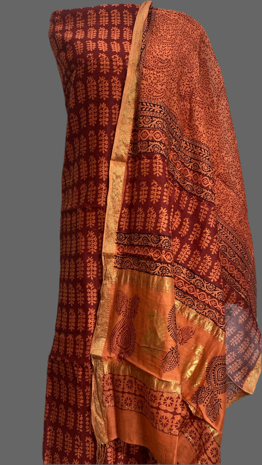Red orange :3pc Chanderi Silk Bagh handblock Dress Material