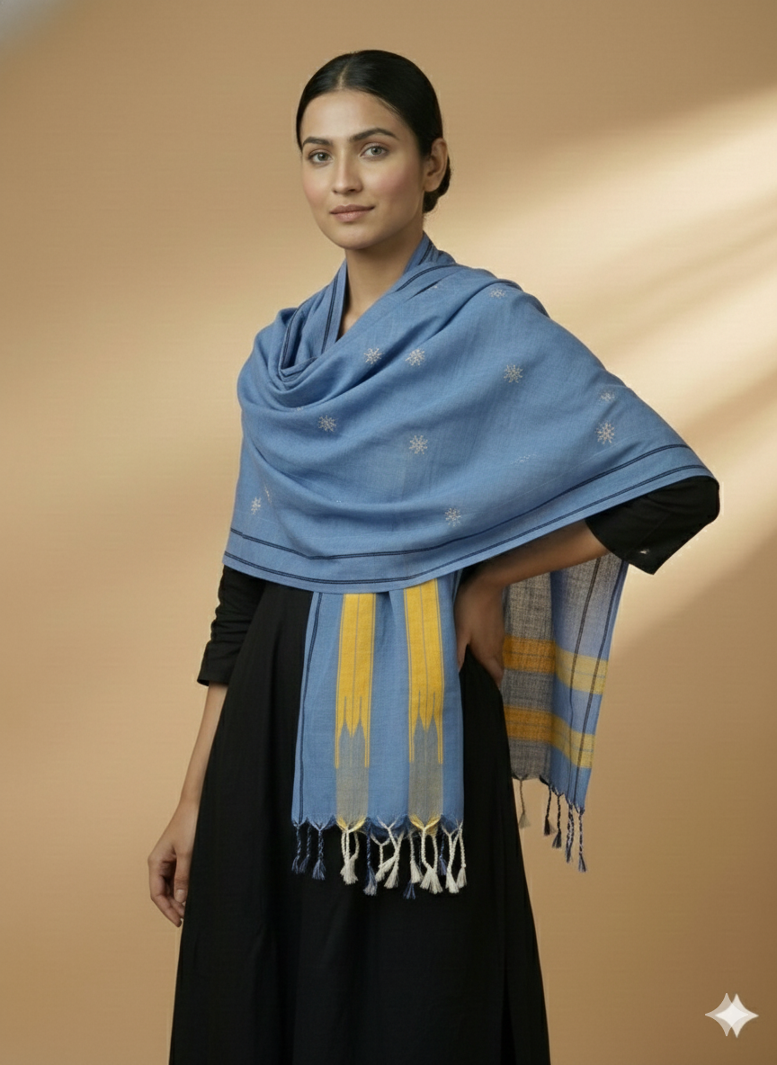 Sky blue Ilkal Cotton Silk w. Kasuti Stole