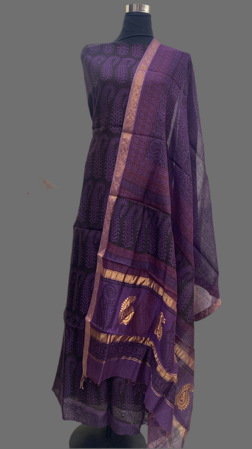Purple - 3pc Chanderi Silk Bagh handblock Dress Material