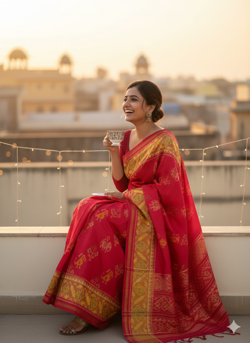 Pure mulberry silk patan Patola single ikkat saree Red