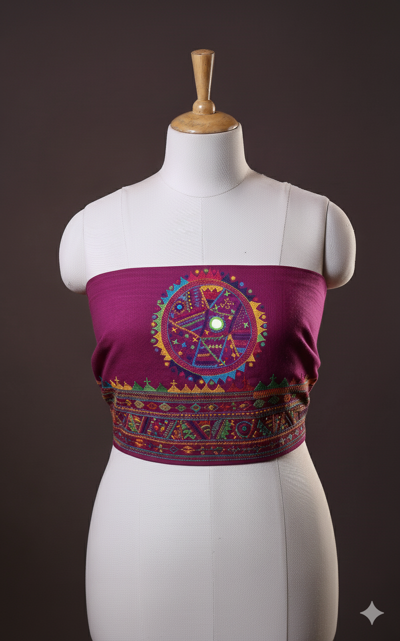 Wine-LAMBANI EMBROIDERY HANDSPUN COTTON BLOUSE PIECE 02