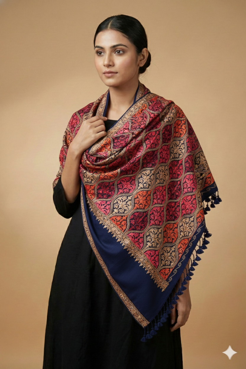 Kashmiri Aari embroidered semi pashmina stole
