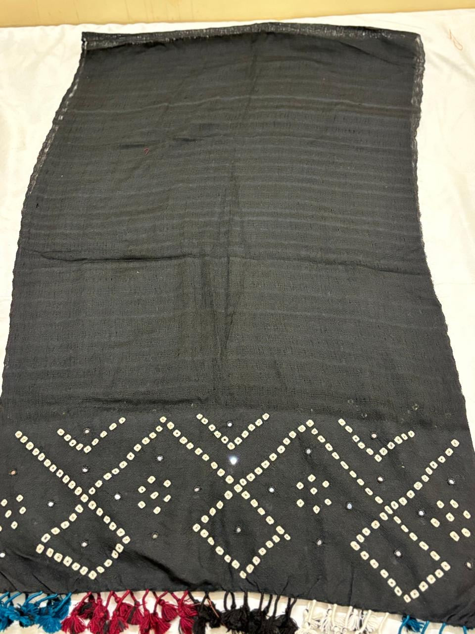 BLACK- KUTCH MIRROR WORK HANDWOVEN BANDHANI MERINO STOLE