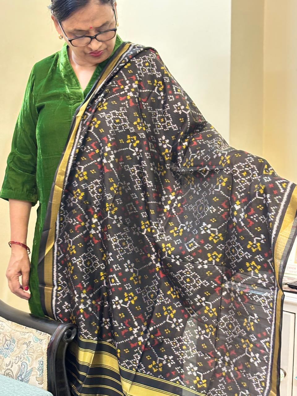 Black handloom pure mulberry silk Patola dupatta with hathi motif
