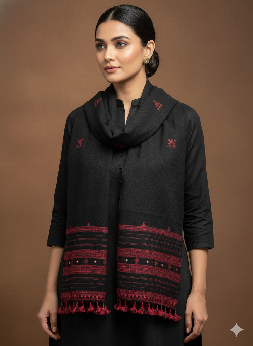 Kutch Weaving Handloom Organic Kala Cotton Stole with tassels