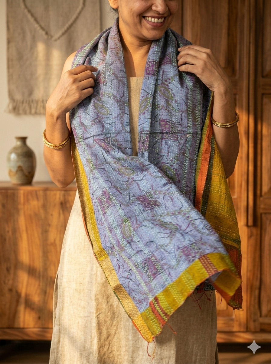 MULTICOLOR - PATCHWORK REVERSIBLE SILK BENGAL HAND KANTHA STITCH STOLE