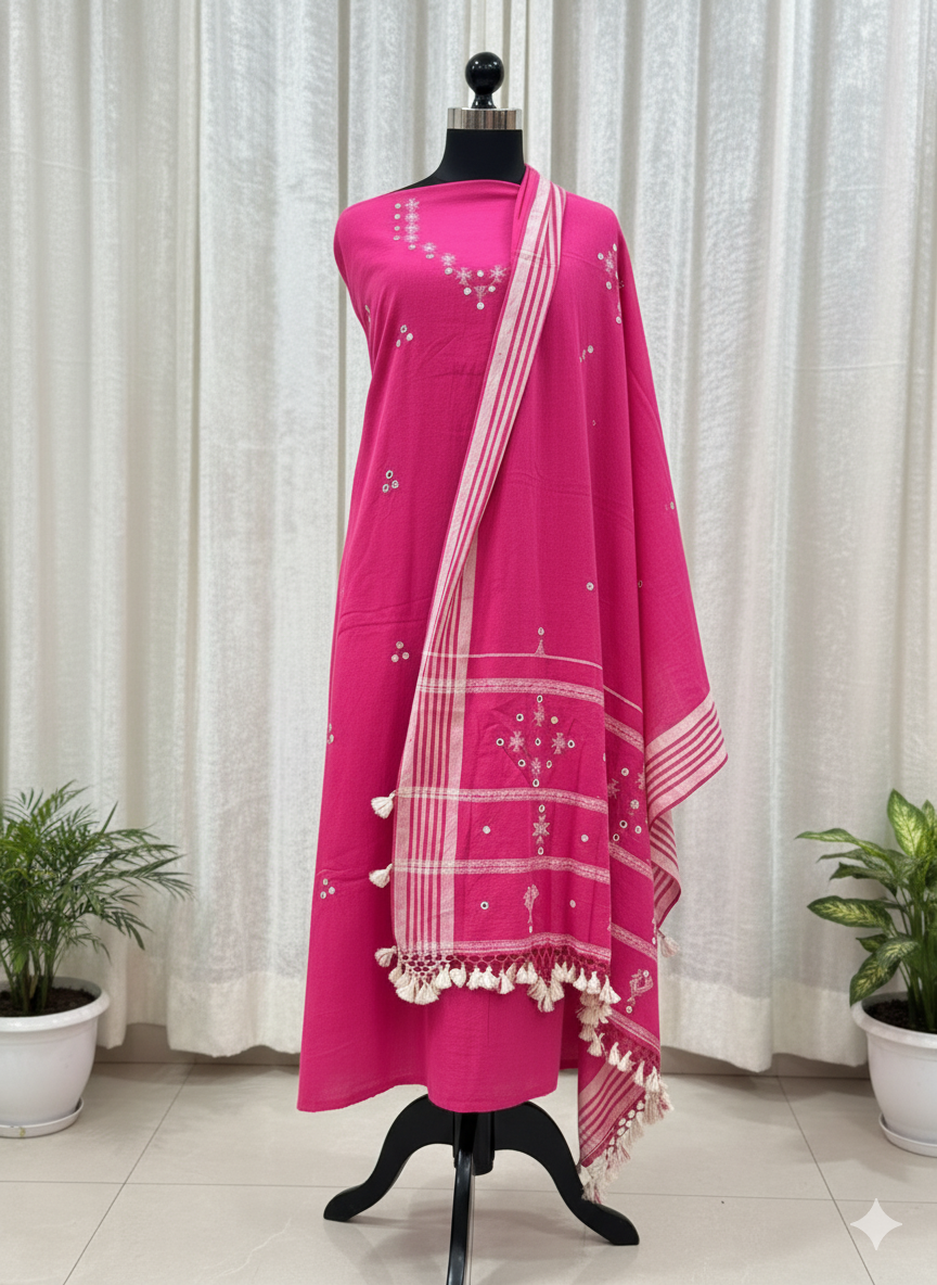 3PC ORGANIC KALA COTTON PURE HANDLOOM FULL WORK SUIT MATERIAL SET