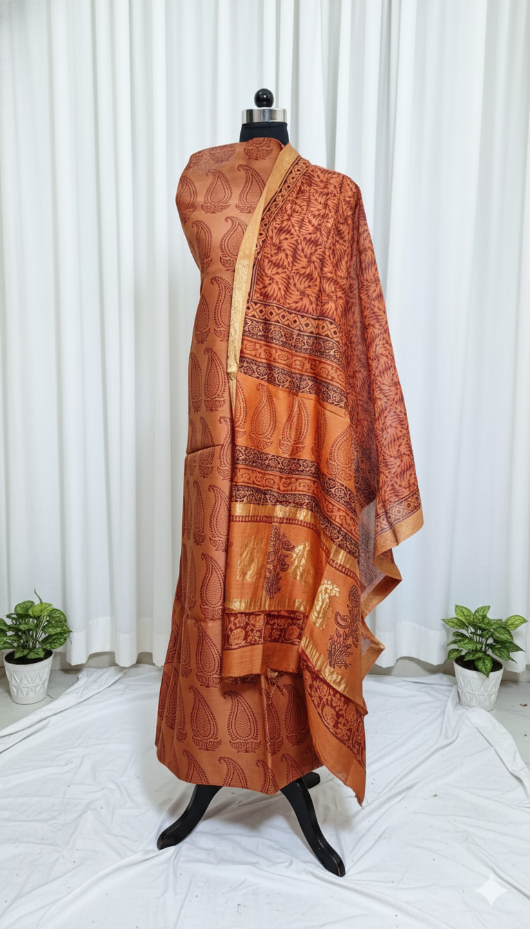 Kesaria - 3pc Chanderi Silk Bagh handblock Dress Material