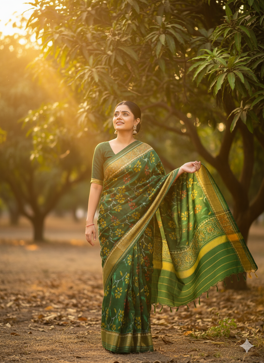 Pure mulberry silk patan ikkat saree Green