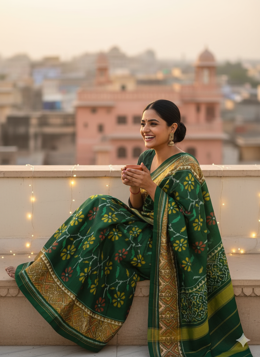 Pure mulberry silk patan ikkat saree Green