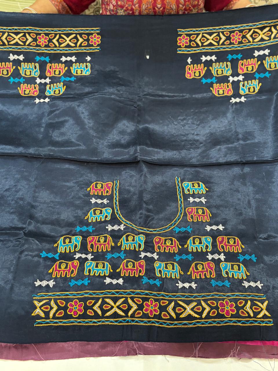 AHIR HAND EMBROIDERY KUTCH MIRROR WORK MASHRU SILK BLOUSE PIECE