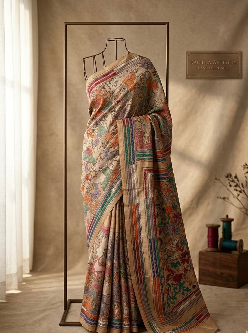 Multi colour BENGAL HAND EMBROIDERY BANGALORE SILK HANDLOOM KANTHA SAREE