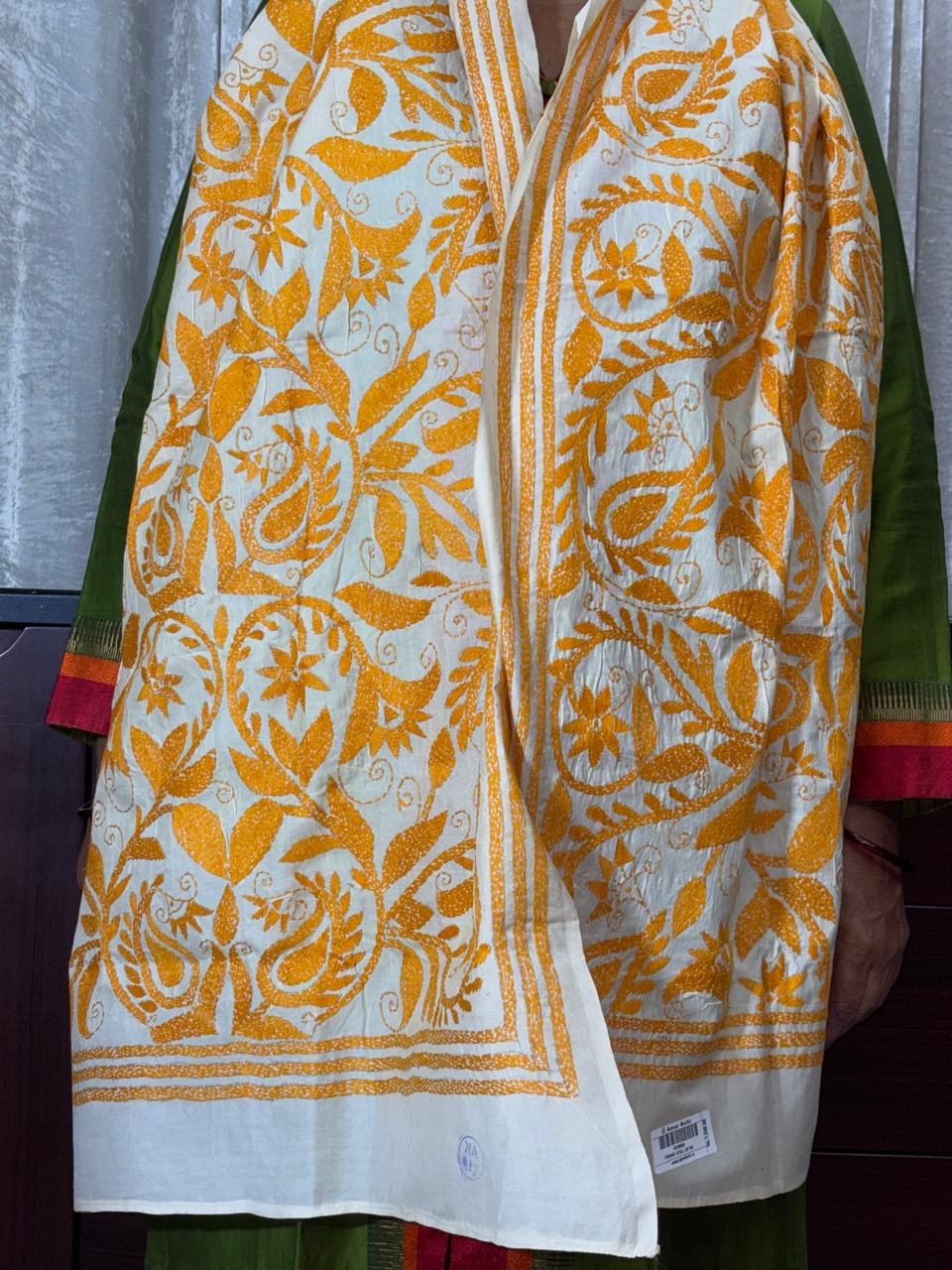 White - Bengal Kantha Embroidery Handloom Tussar Silk Stole