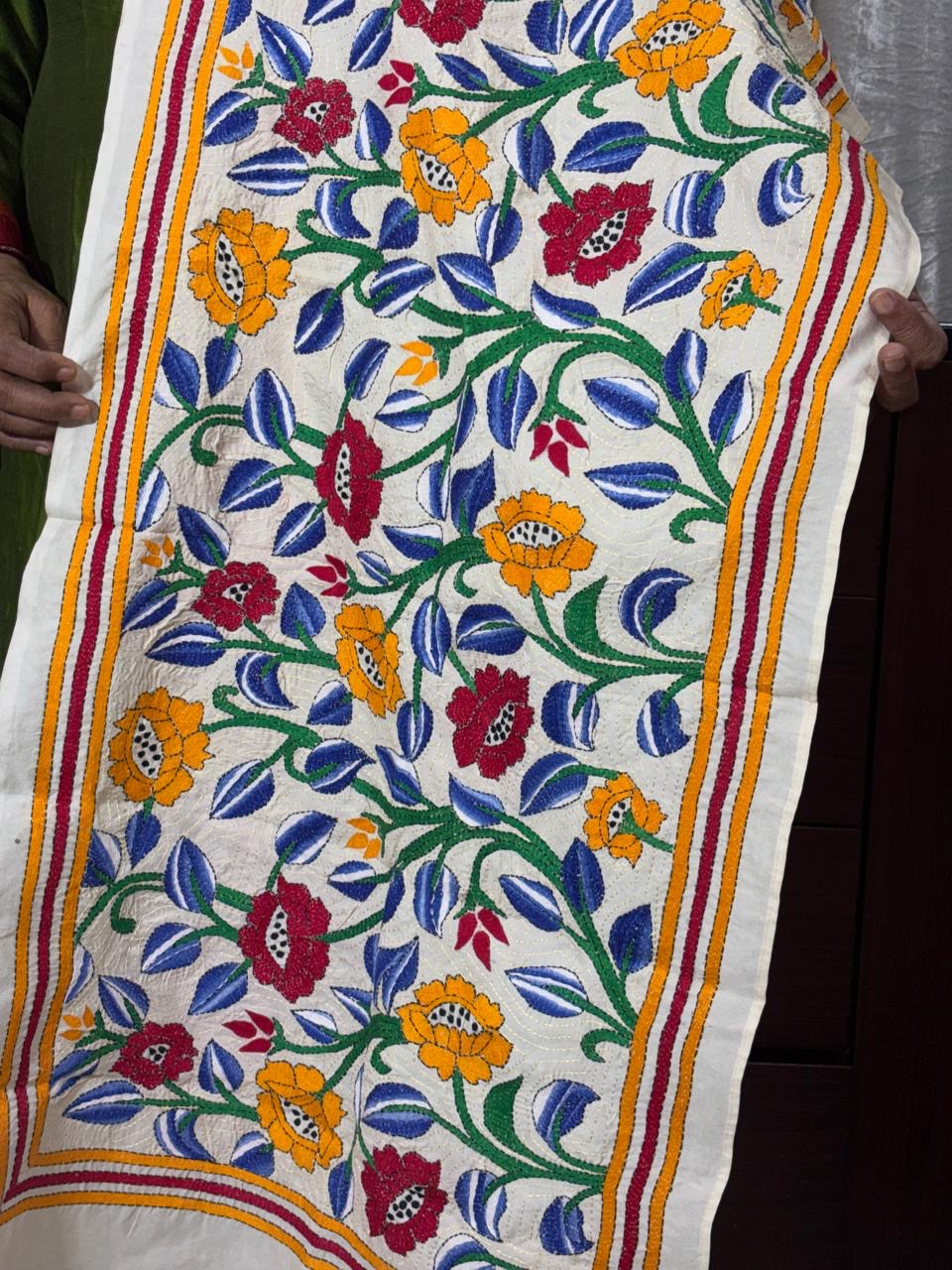 White - Bengal Kantha Embroidery Handloom Tussar Silk Stole