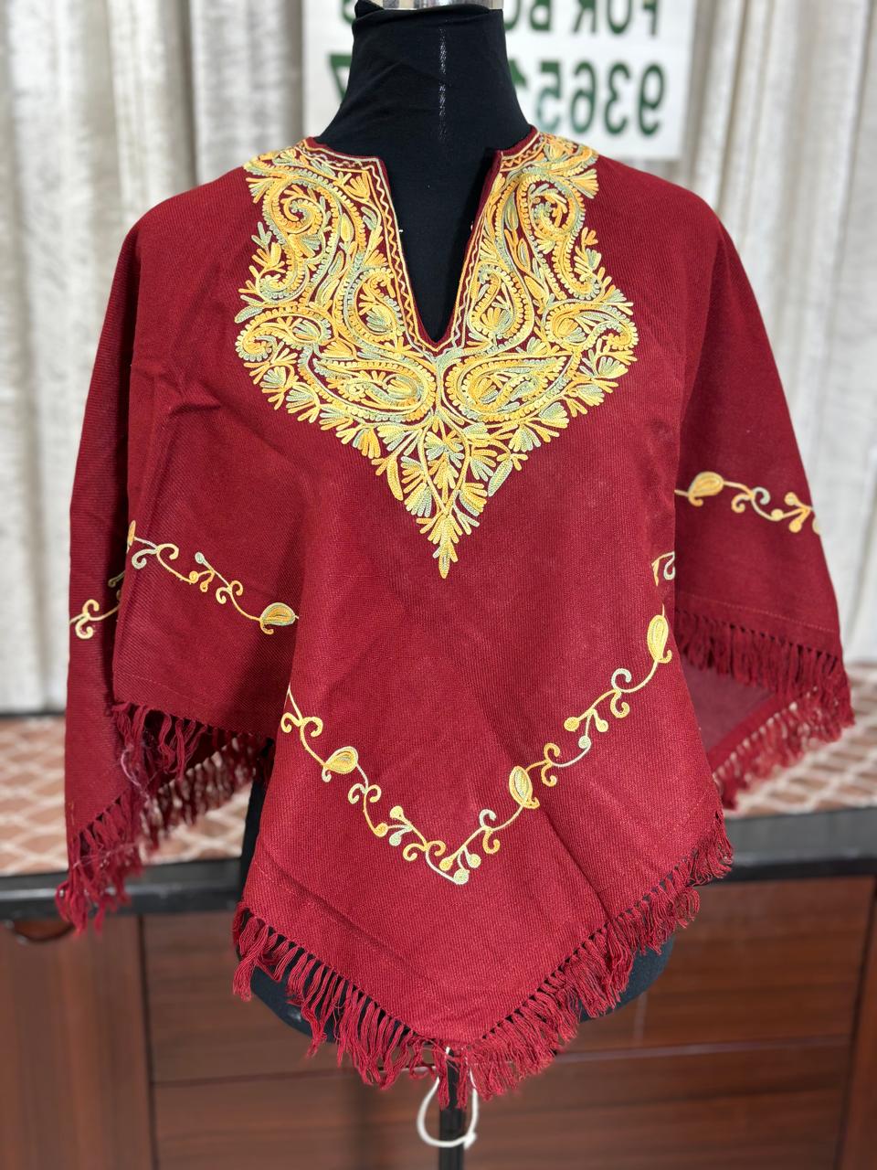 Kashmiri Aari Embroidered Woollen Poncho – | Handcrafted Heritage