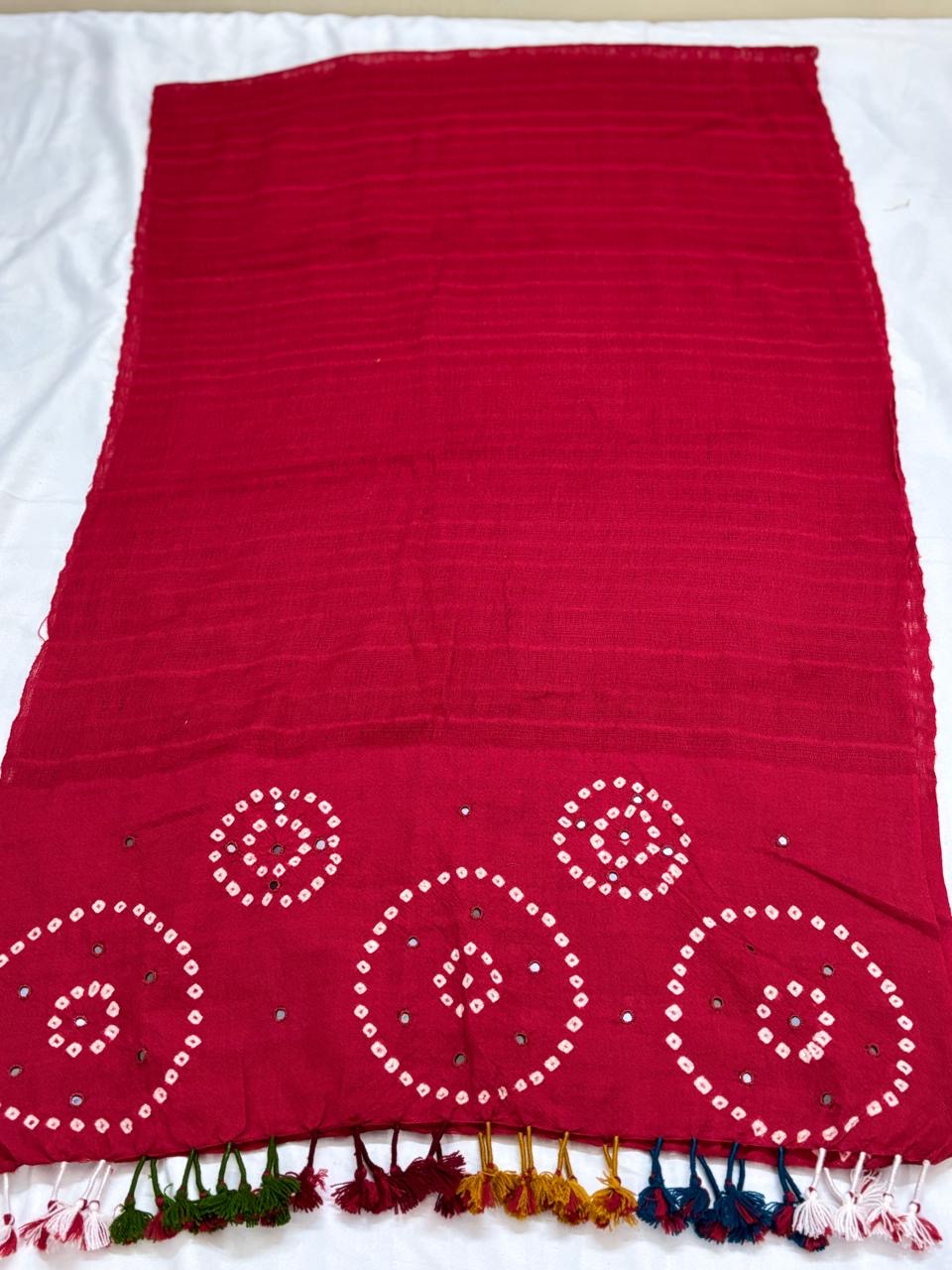 RED - KUTCH MIRROR WORK HANDWOVEN BANDHANI MERINO STOLE