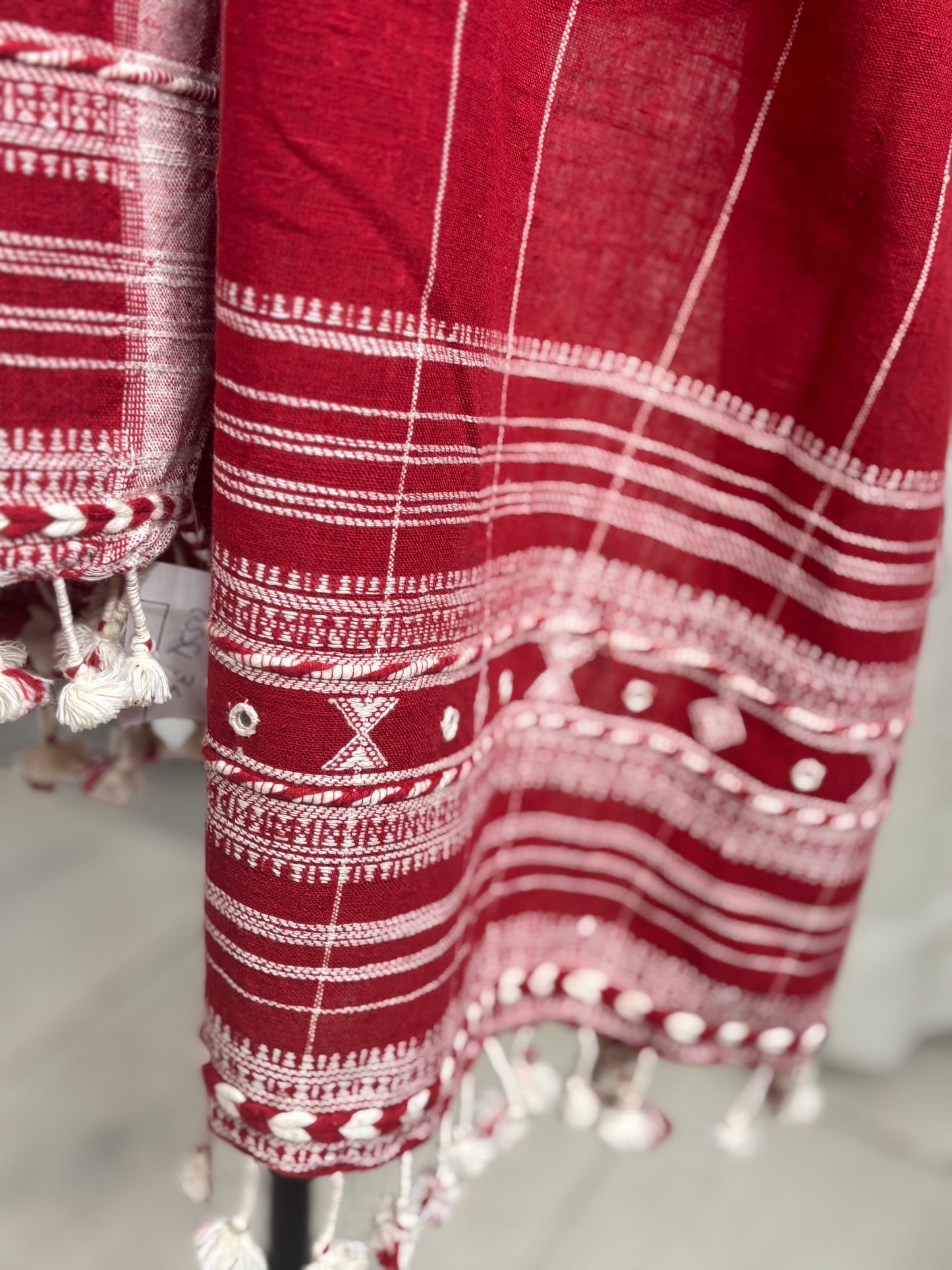 Red Kutch Bhujodi Weaving Handloom Organic Kala Cotton Stole with Tassels 1