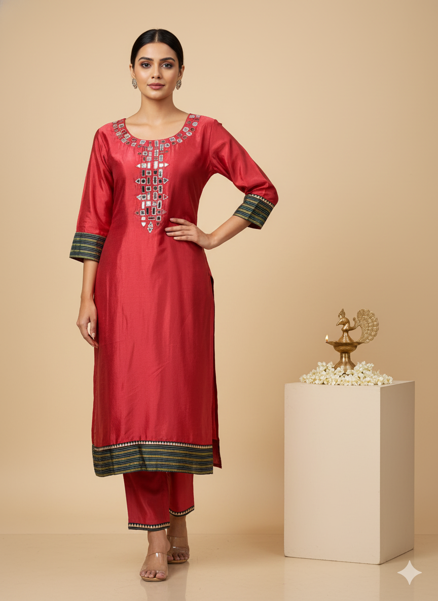 Mashru Ethnic Kurta with Kutchi mirror hand work - sindoori red
