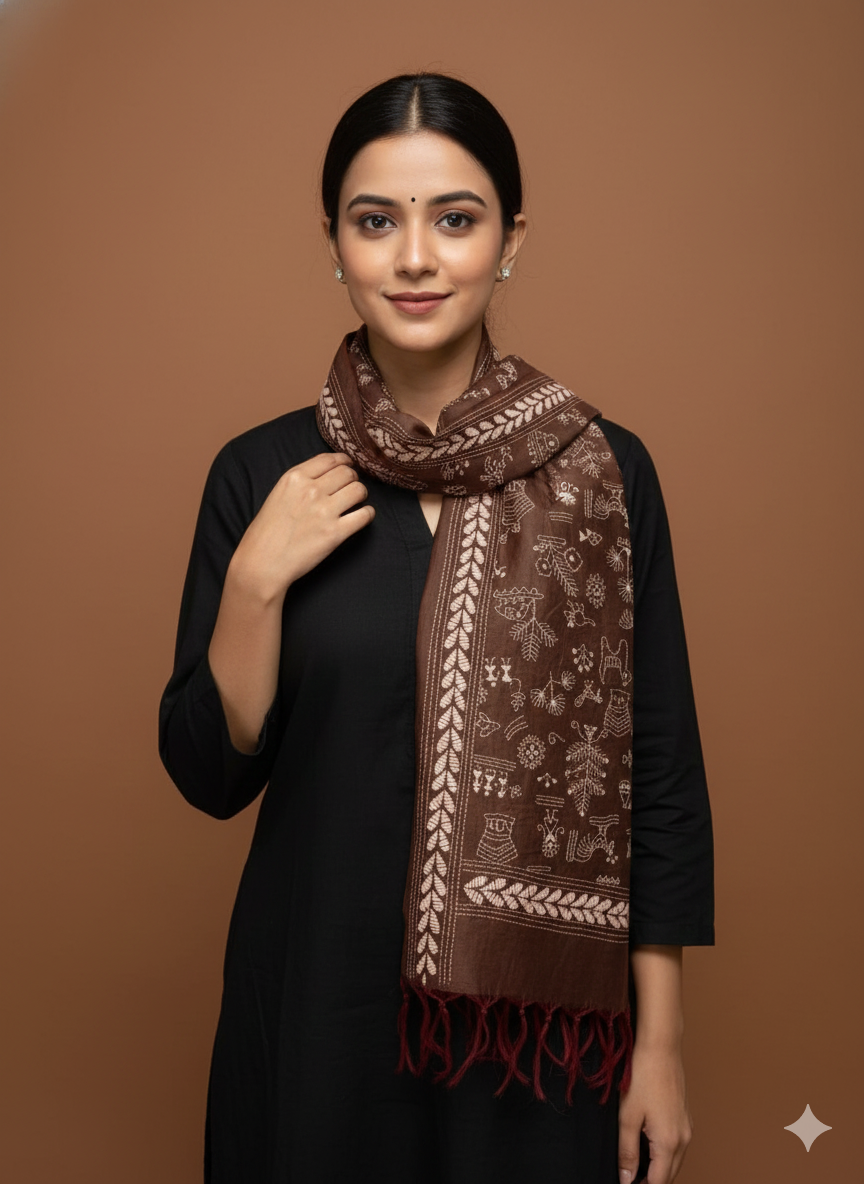 Bengal Kantha Embroidery Handloom Tussar Silk Stole