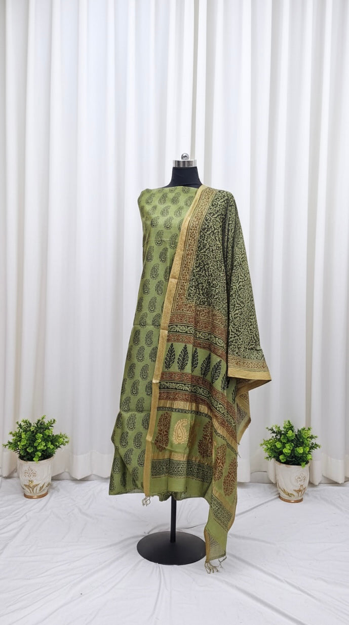 Lime green - 3pc Maheshwari Silk Bagh handblock Dress Material