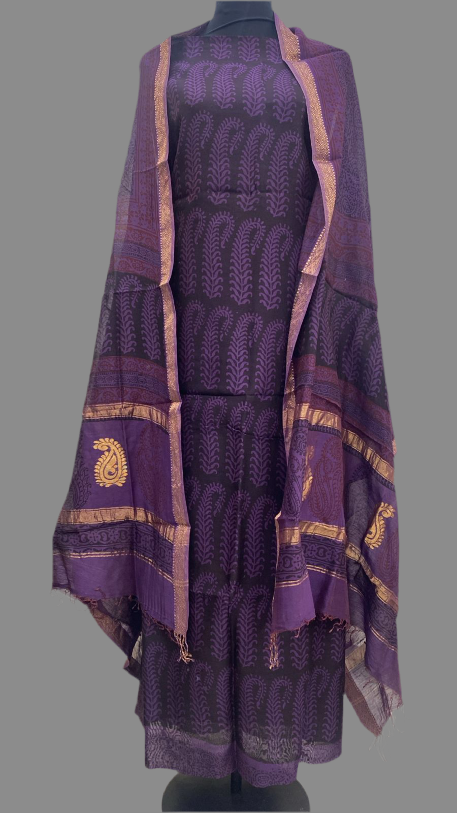 Purple - 3pc Chanderi Silk Bagh handblock Dress Material