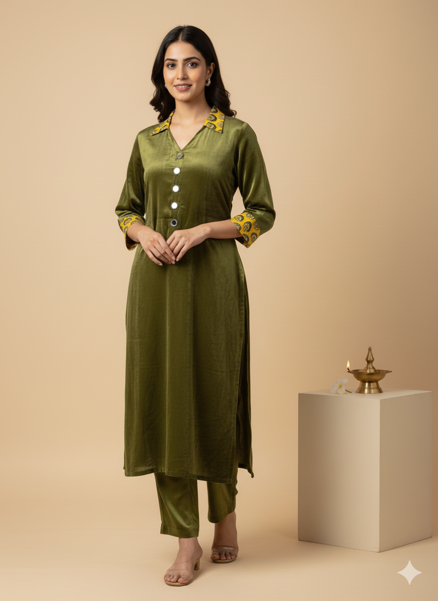 Mashru Ethnic Kurta with Kutchi mirror hand work - Forest green