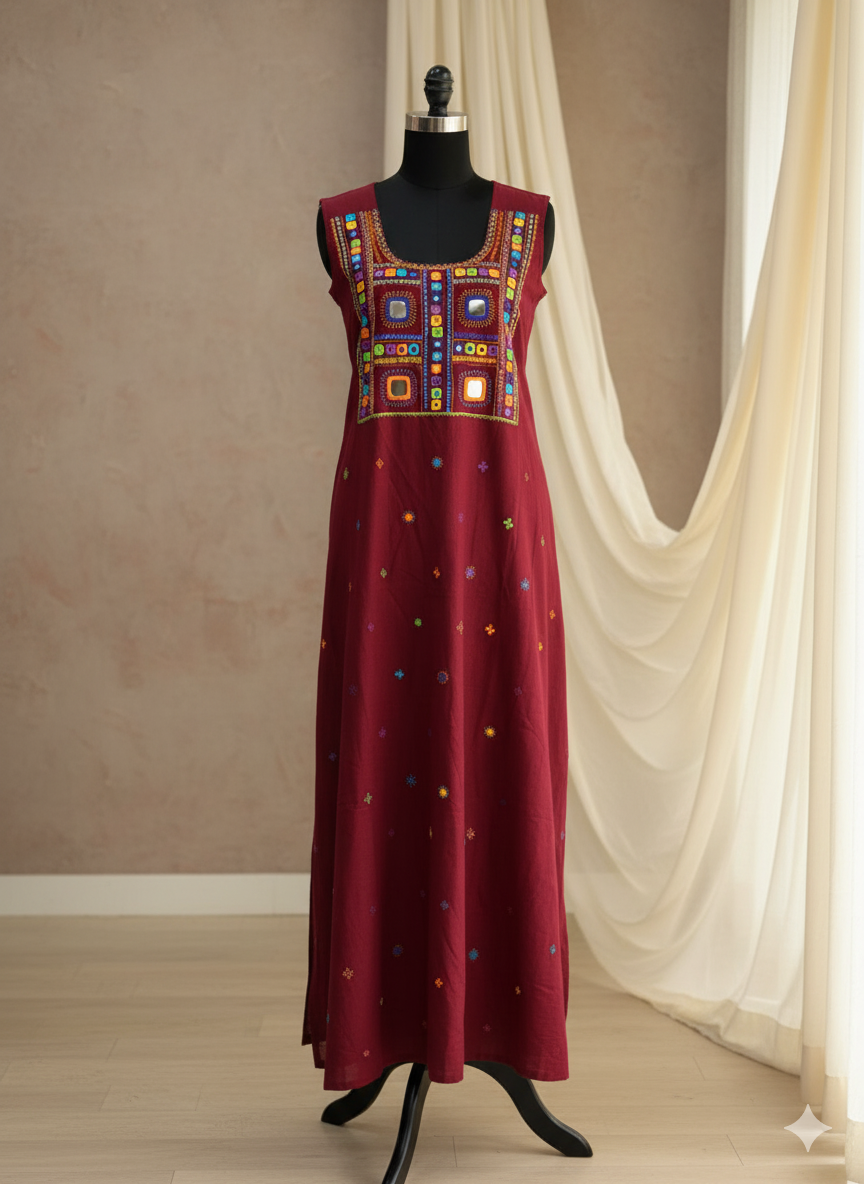 Elegant handwoven Khadi Handcrafted lambani embroidered kurti fabric Dark plum -07