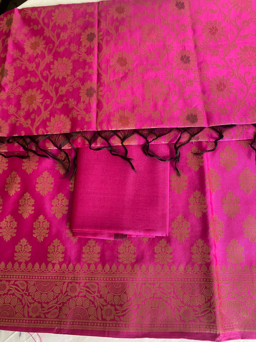 Banarsee Salwar Kameez Semi Katan Silk Fabric With Dupatta - Hot pink