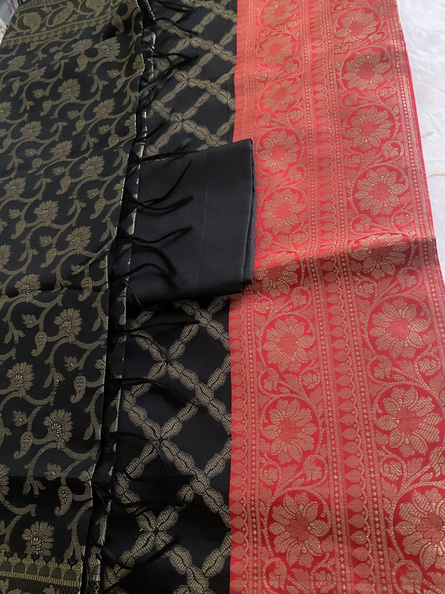 Banarsee Salwar Kameez Semi Katan Silk Fabric With Dupatta - Black and red