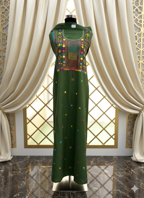 Elegant handwoven Khadi Handcrafted lambani embroidered kurti fabric chutney green - 11
